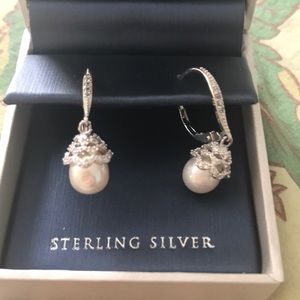 Bridal earrings. Sterling silver pearl rhinestone